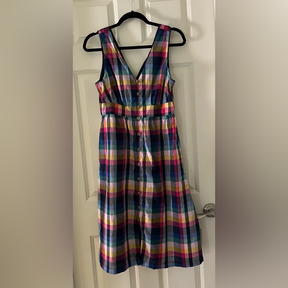 J. Crew Factory Mixed-plaid Button-up sleeveless Midi-dress, 8P Preppy V neck